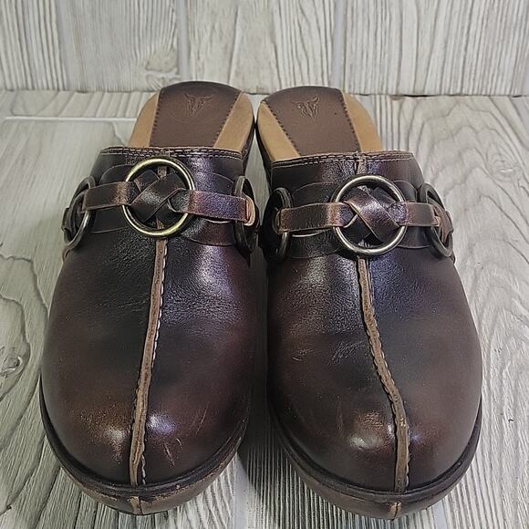 Frye Cheryl Triple Ring Harness Brown Leather Slip On Clogs Womens Size 7 - Picture 3 of 16